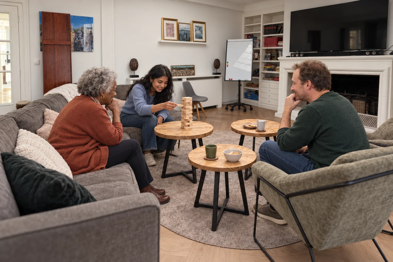 Drie volwassenen spelen samen een houten stapelspel in de woonkamer